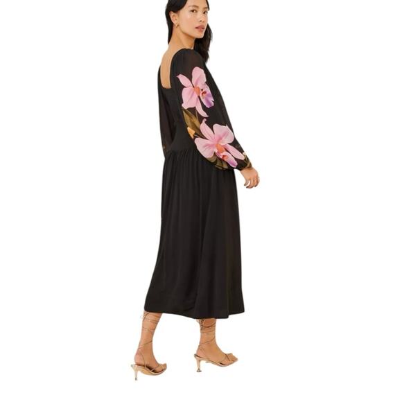 Farm Rio Long Sleeve Midi Dress Square Neck Black Floral Size Medium - Picture 4 of 8